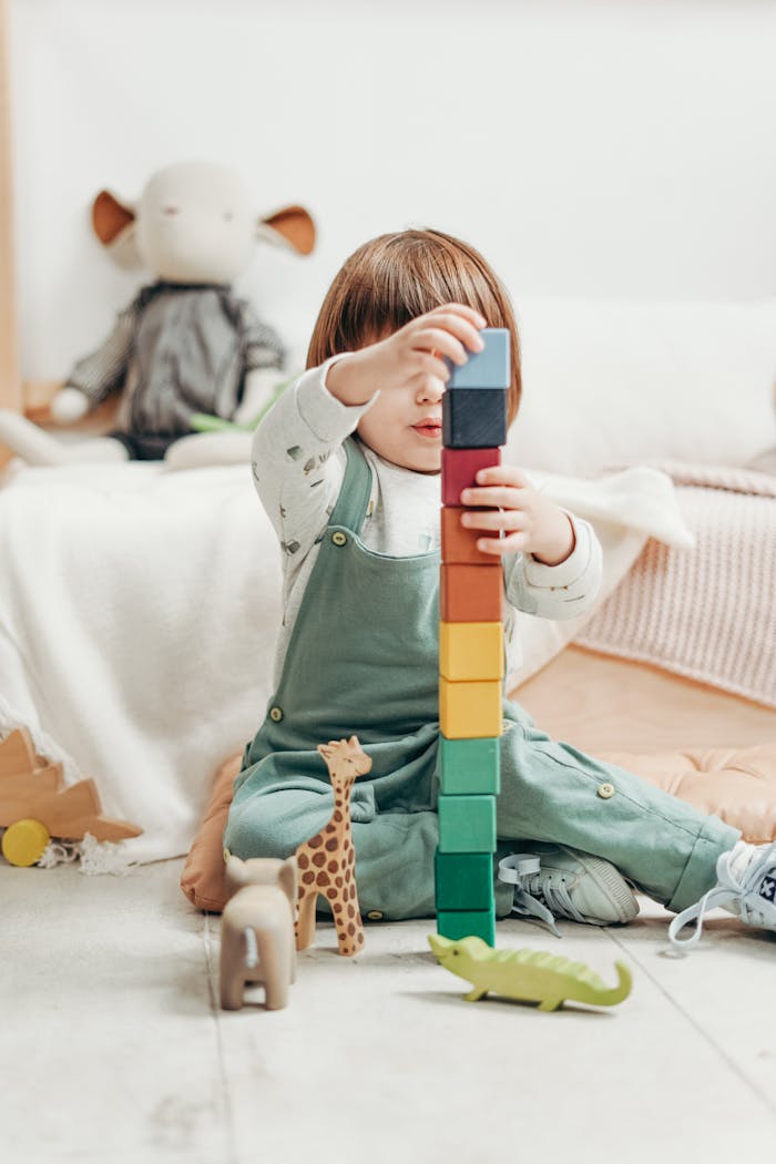 services-04 A cute child stacks colorful wooden blocks while playing indoors, surrounded by toys.
